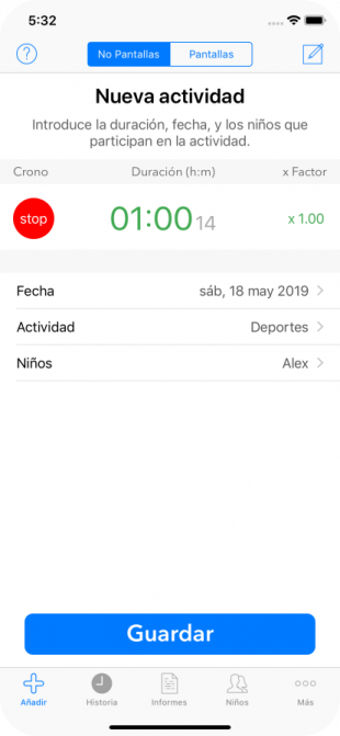 Pantalla Añadir, cronometrar